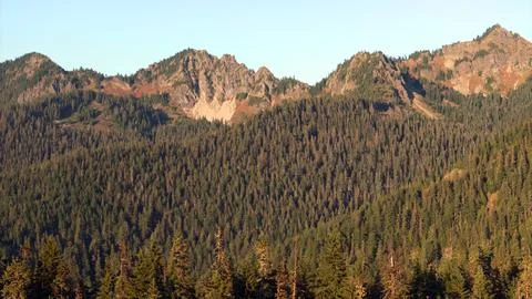 Mountain Range with Forested Hills at Sunset Stock Photos
