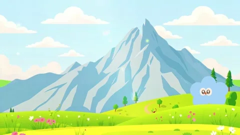 Mountain range with green meadows and a cloud character. Stock Footage 303681671