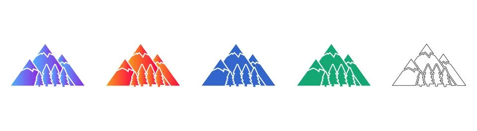 Mountain Range Icon Set with Pine Trees Stock Illustration