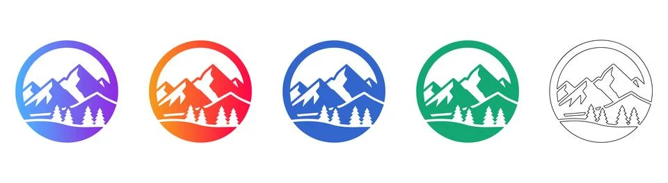 Mountain Range inside Circle Icons Set Stock Illustration