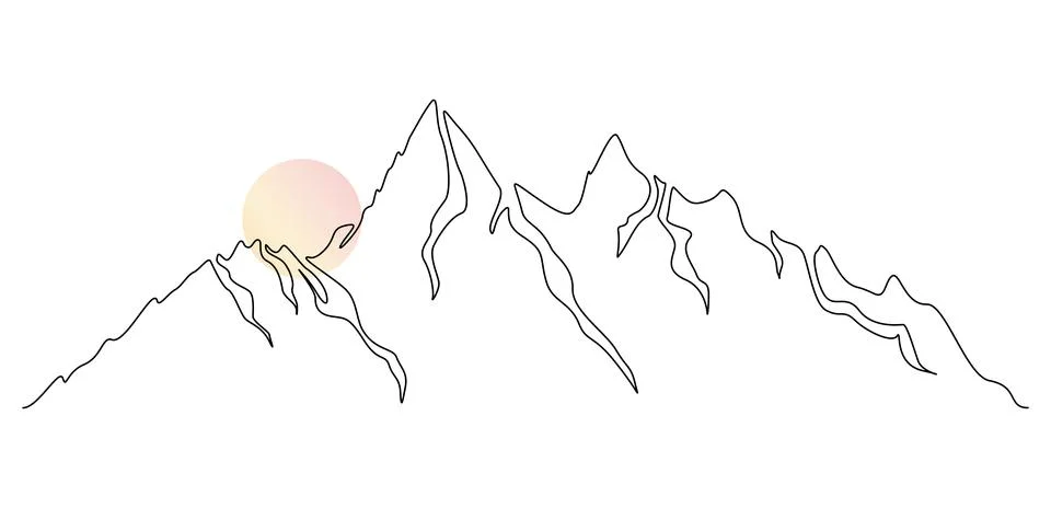Mountain range landscape with sunset in One continuous line drawing. High mounts Stock Illustration