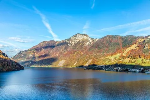A mountain range with a Lucerne lake in the foreground Stock Photos
