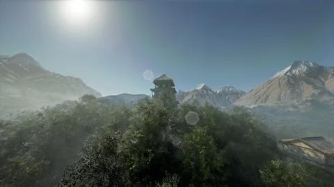 Mountain range with lush trees and towering peaks in the backdrop of Japan Stock Illustration
