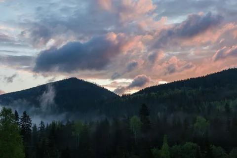 Mountain range overgrown with forests and cloudy sky during sunrise Stock Photos