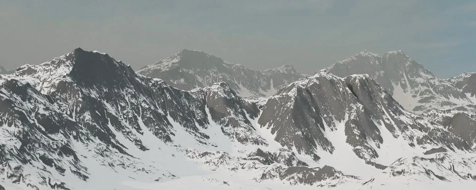 Mountain range panoramic view. Melting glaciers. Thick fog on mountain. Pan.. Stock Illustration
