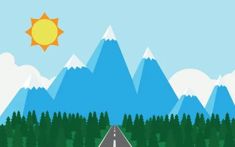 Mountain range with pine tree forest in minimal landscape view style Stock Illustration