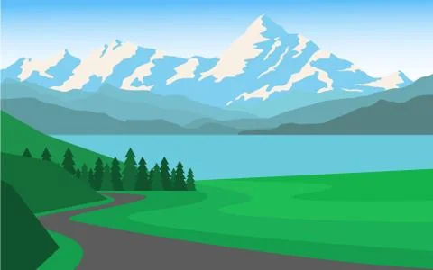 Mountain range with pine tree forest in minimal landscape view style Stock Illustration