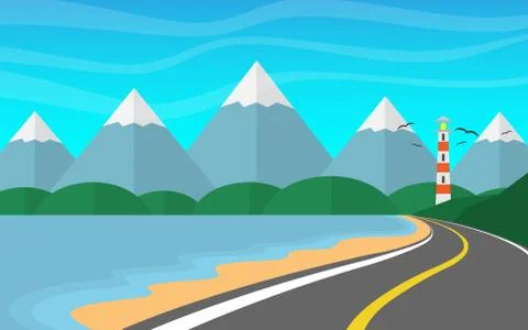 Mountain range with pine tree forest in minimal landscape view style Stock Illustration