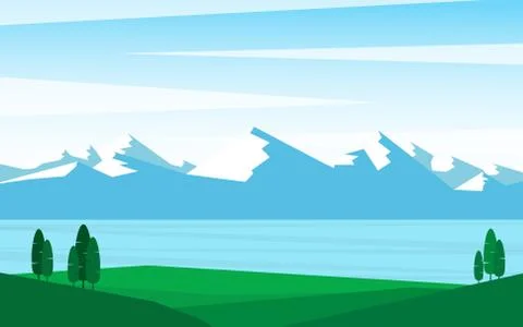 Mountain range with pine tree forest in minimal landscape view style Stock Illustration