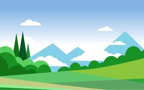Mountain range with pine tree forest in minimal landscape view style Stock Illustration