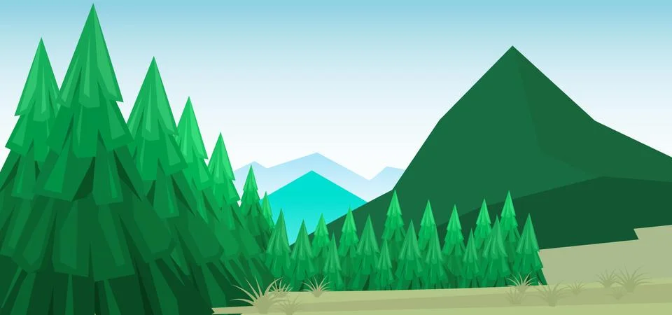 Mountain range with pine tree forest in minimal landscape view style Stock Illustration
