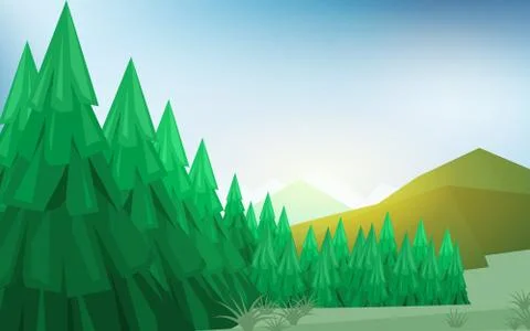 Mountain range with pine tree forest in minimal landscape view style Stock Illustration