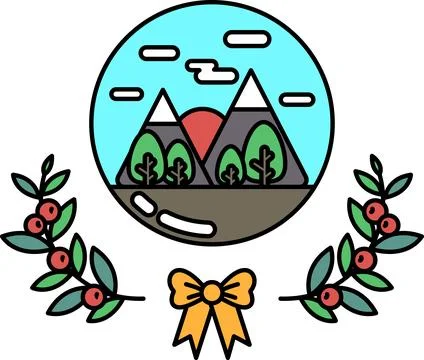 A mountain range is shown in the background of a drawing of a wreath Stock Illustration