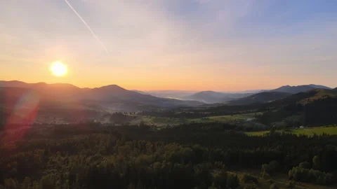 Mountain Range Silhouette Sunset Aerial View. Carpathian Mountains sunrise Stock Footage 141526480