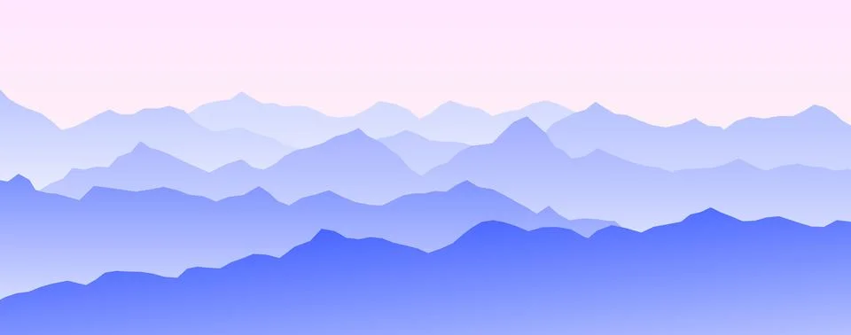 Mountain range silhouette on sunset or sunrise. Morning panoramic landscape view Stock Illustration