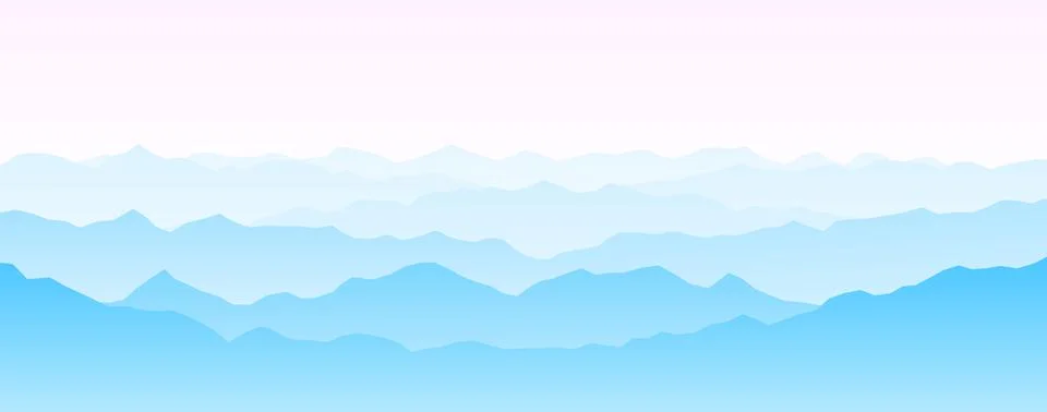 Mountain range silhouettes on sunset or sunrise. Pink morning panoramic Stock Illustration
