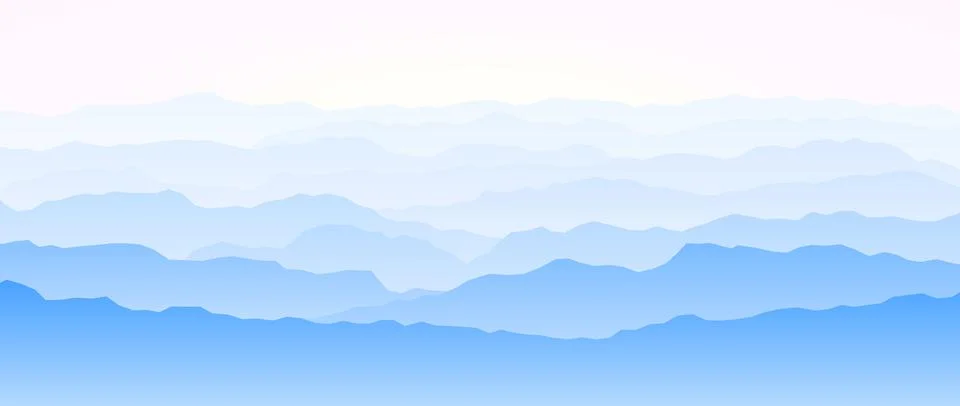 Mountain range silhouettes on sunset or sunrise. Morning panoramic landscape Stock Illustration