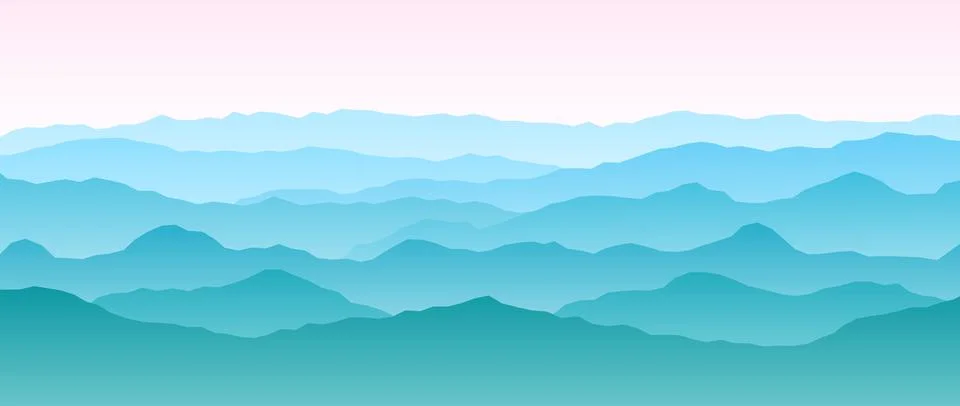 Mountain range silhouettes on sunset or sunrise. Morning panoramic landscape Stock Illustration