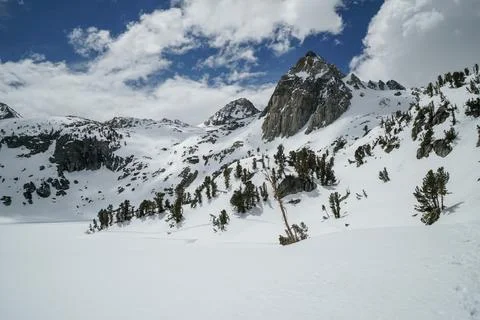 A mountain range with snow and trees Stock Photos