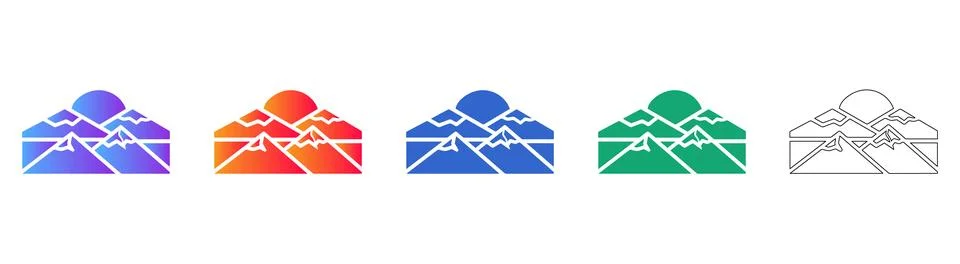 Mountain Range with Sun Icon Set in Gradient and Outline Styles Stock Illustration