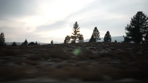 Mountain Range, Sun Peaking Through Clouds and Trees near Yosemite, Driving Stock Footage 145456716