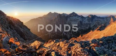 Mountain range with sun in Slovakia, Slavkovsky peak Stock Photos