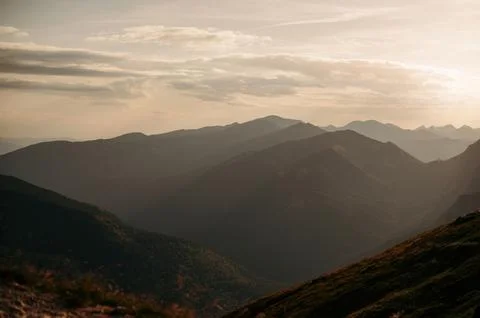 Mountain Range at Sunset with Soft Light Stock Photos
