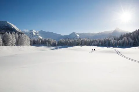 Mountain range, trees and senior couple far away on snowy landscape, Stock Photos