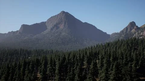 A mountain range with trees in the foreground and a blue sky in the backgroun Stock Illustration