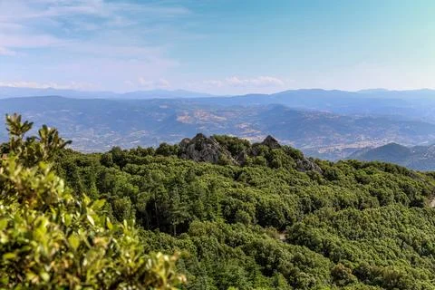 A mountain range is visible in the distance with a clear blue sky on the is.. Stock Photos