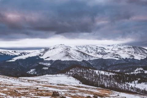 Mountain range with visible silhouettes through the morning colorful fog.Tarc Stock Photos
