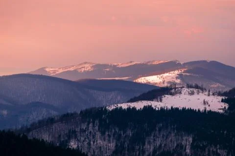 Mountain range with visible silhouettes through the morning colorful fog.Tarc Stock Photos