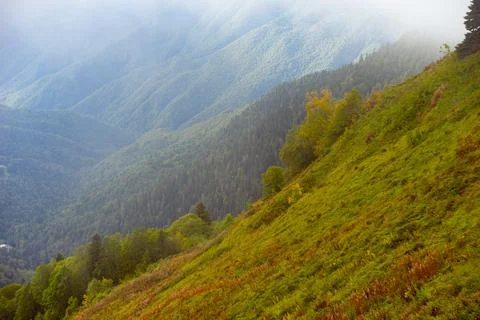 Mountain range with visible silhouettes through the morning colorful fog. Stock Photos