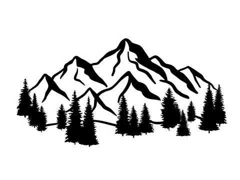 Mountain ranges and tree sketch. Vector illustration isolated on white Stock Illustration