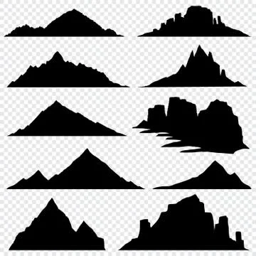 Mountain ranges black vector silhouettes set, overlook hiking landscape Stock Illustration