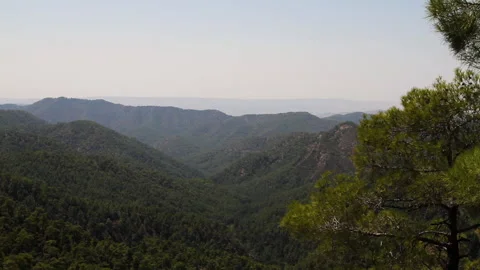 Mountain ranges with lush forests against blue sky, static shot Stock Footage 132473310