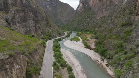 Mountain Ranges, River and Road, Peru Stock Footage 343657881
