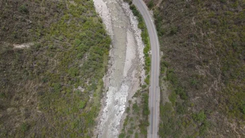 Mountain Ranges, River and Road, Top-Down View, Peru Stock Footage 343658894