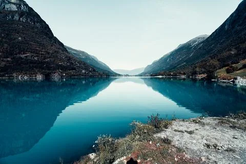 Mountain reflecting on the lake Stock Photos