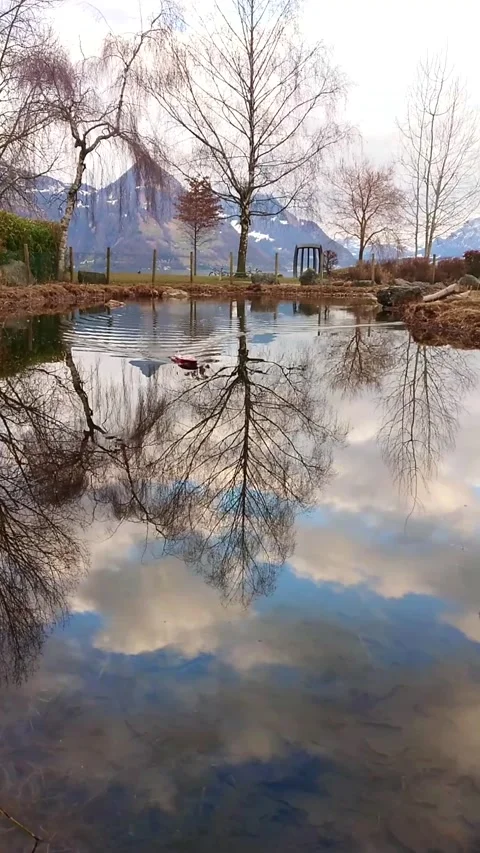 Mountain Reflection and Model Boat on a Tranquil Pond Stock Footage 292026681
