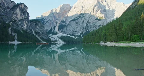 Mountain reflection on Lago di Braies in the Dolomites Stock Footage 340791464