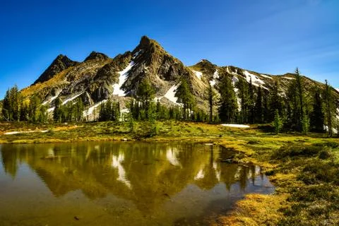 Mountain reflection on tarn Stock Photos