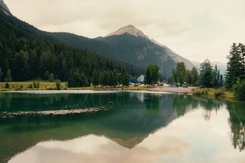 Mountain reflections in a tranquil lake surrounded by a dense forest. Serene Stock Photos