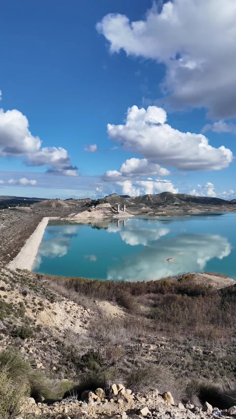 Mountain reservoir with cloud reflections and dam landscape 스톡 동영상 330106986