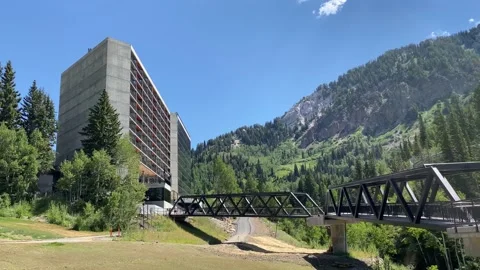 Mountain resort and bridge, view from ski lift 4K Stock-Footage 141888522