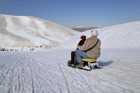 Mountain resort sledding Stock Photos