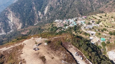 Mountain Ridge Temple Surrounded by Clouds India Drone Stock Footage 337632994