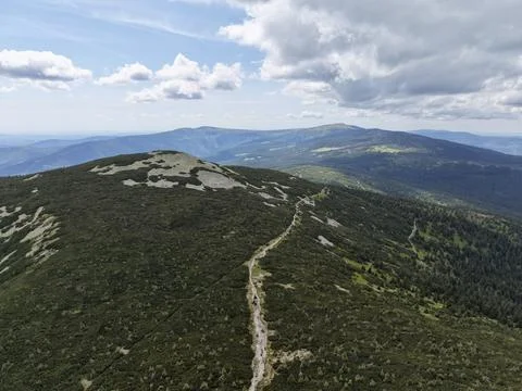 Mountain ridge trail winding through alpine heath under cloudy sky Stock Photos