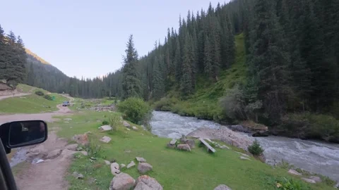 Mountain river and conifers seen from a car, Altyn-Arashan, Kyrgyzstan Video stock 347242596
