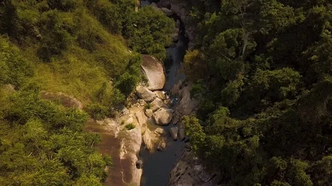 Mountain river and green forest aerial landscape. Water flow in rocky river in Stock Footage 90407313